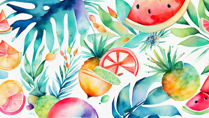 Obraz na płótnie Canvas Pattern with watercolor flowers and fruits. Hand-drawn illustration.