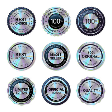 Set of holographic seal quality badge labels