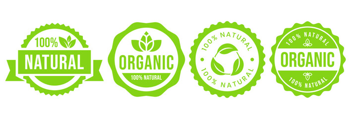 Set 100% Natural and organic Product Vector Icon Circle Sign. Healthy Food Emblem. Organic food Badge.	