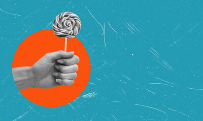 Art collage, hand with lollipop on blue background with copy space.