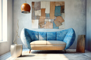 Blue and beige loveseat sofa near window against concrete wall with art poster. Loft home interior design of modern living room.