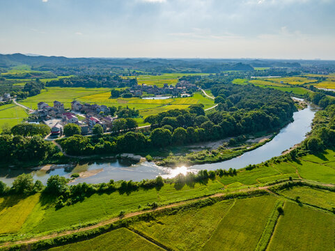 Overlook of Chinese rural houses and river scenery,Aerial photography of pastoral scenery in Jiangxi, China