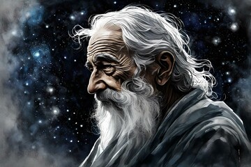 An illustration of a God-like old man. He is looking into the darkness of the cosmos, emptiness, dark, universe.