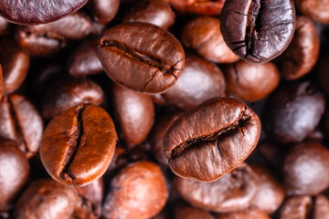 Brown Roasted Coffee Beans Closeup On, selective focus, soft focus.