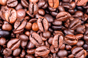 Brown Roasted Coffee Beans Closeup On, selective focus, soft focus.
