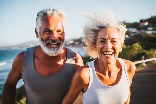 Healthy lifestyle, leisure and hobbies concept. Happy middle aged couple doing sport together. Generative AI
