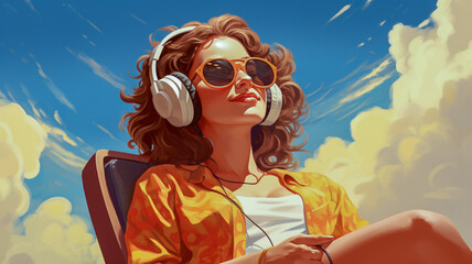 Woman wearing headset sunny day, Generative AI