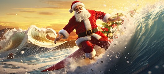 Merry Christmas! Santa Claus enjoying summer vacation, surfing on wave. Tropical holiday concept with festive twist.