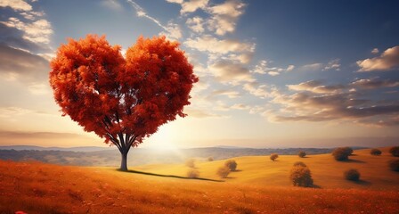 Autumn background with heart shape tree in the meadow