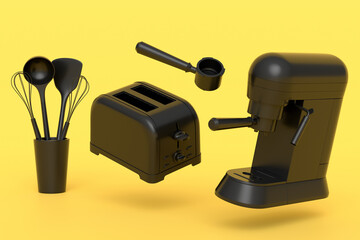 Espresso coffee machine with horn and toaster on monochrome background.