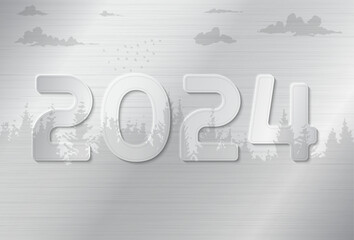 New year 2024. Numbers on a metal texture with a background of forest, clouds and birds.