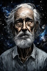 An illustration of a God-like old man. He is looking into the darkness of the cosmos, emptiness, dark, universe.