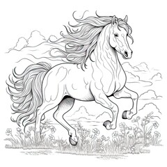 Pony horse animal line art illustration. Black and white coloring page style art. Generative AI