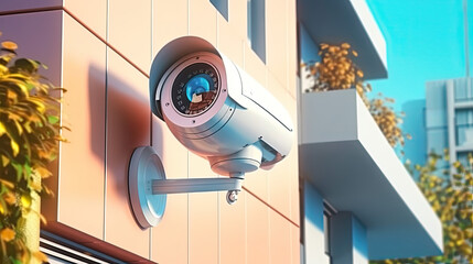 Close up of CCTV camera on the office building. Professional security camera on the wall in the city. Security system technology. Generative AI