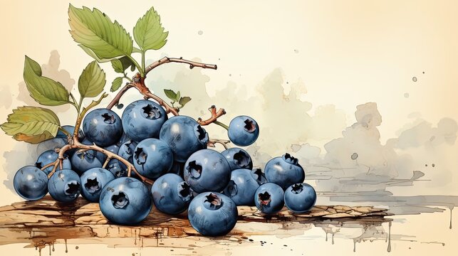 Blueberries fruits vintage art illustration. Natural eco food design. Generative AI