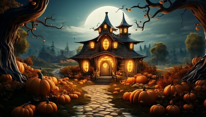 Autumn or Halloween concept with pumpkin house, 3d illustration cartoon style, generative AI