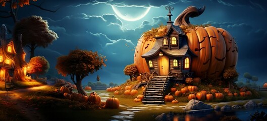 Autumn or Halloween concept with pumpkin house, 3d illustration cartoon style, generative AI