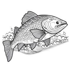 Salmon fish animal line art illustration. Black and white coloring page style art. Generative AI