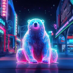 Cute White bear animal in neon style. Portrait of glow light animal. Generative AI