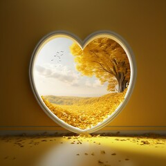 Autumn heart shape window frame with tree and orange leaves, 3d illustration, generative AI