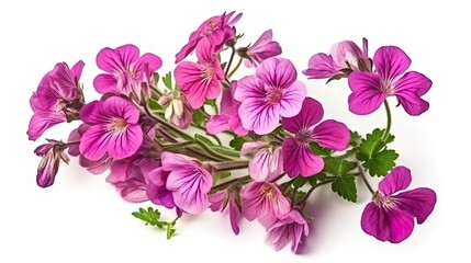 Geranium flowers isolated on white background. Beautiful blooming plants. Generative AI