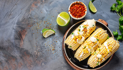 Elotes, Grilled Mexican Street Corn, charred cobs are covered in creamy mayonnaise, seasoned with chili powder and sprinkled with cheese, cilantro, and a spritz of lime juice, flat lay, free space