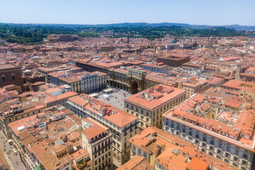 Fototapeta na wymiar Florence, Italy - June 28, 2023: Panoramic rooftop view of the medieval famous city of Florence, Italy 