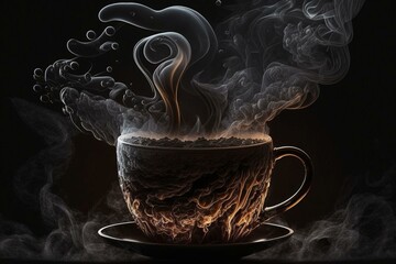 Artistic depiction of black coffee in a smoky cup. Generative AI