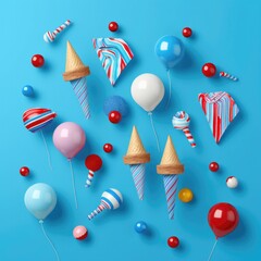 Birthday party caps, paper straws, candy and balloons on colourful background. 