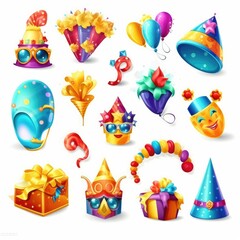 Celebration party set. Hat, mask, gifts, balloon. Generative AI.