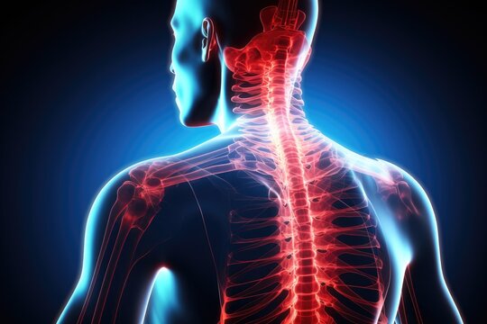 3D render of a male body with highlighted spine anatomy on dark background, 3D illustration of neck pain cervical spine skeleton, AI Generated