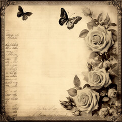 vintage background with roses and butterfly brown toned