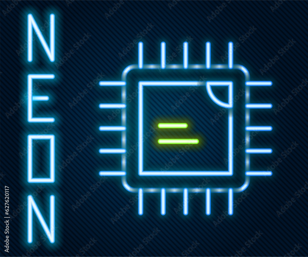 Aufkleber glowing neon line computer processor with microcircuits cpu icon isolated on black background. chip 