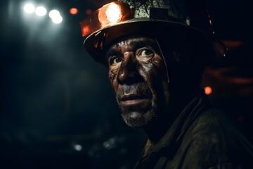 Fototapeta na wymiar Miner in Action - Illuminating Dark Mine with Headlamp