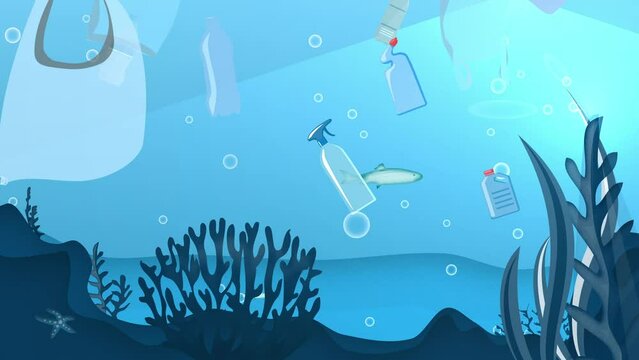 A stock motion graphics footage on the pollution created in Earth's oceans with plastic wastes (single-use water bottles, straws, bags, coffee cups etc)
