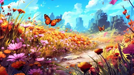 Fototapeta na wymiar A sunlit meadow with wildflowers in full bloom and butterflies fluttering around. Colorful illustration art. Generative AI