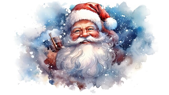 Watercolor art of Smiling Santa Claus character illustration. Christmas and New year holiday painting. Generative AI