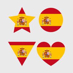 Spain flag vector icons set of illustrations in the shape of heart, star, circle and map.