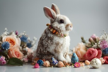 Adorable Alice in Wonderland bunny adorned with flowers and Easter eggs on a white backdrop. Generative AI