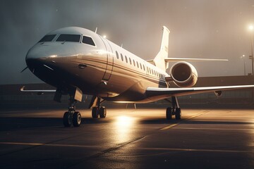 VIP business jet parked outside for luxury travel or business. 3D render with flares. Generative AI