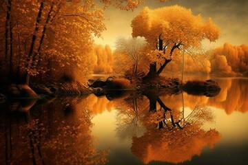 Scenic fall landscapes - foliage in amber hues. Generative AI