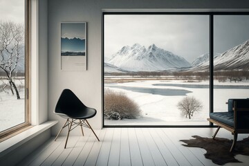 Minimal living space with wintry scenery view. Features wooden floor, white wall, black chair, and large window. Mountainous and snowy outdoor view. Generative AI