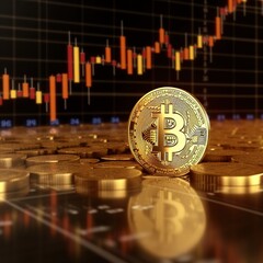 Generative AI Crypto currency background with various of shiny silver and golden physical cryptocurrencies symbol coins.stack with growing business graph. Investment and financial concept 