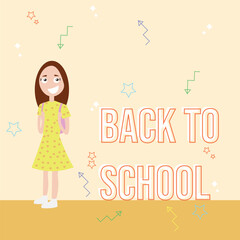 Illustration of a happy schoolgirl with a backpack next to a back to school text with a beige background with confetti, digital art, vector