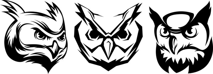 Head of owl isolate on white. Abstract birds character illustration variant set. Graphic design templates for emblem. Image of portrait.