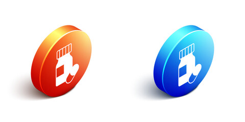 Isometric Medicine bottle and pills icon isolated on white background. Bottle pill sign. Pharmacy design. Orange and blue circle button. Vector