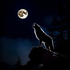 Howling of wolf towards the moon in a dark night 