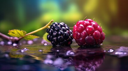 Fresh ripe Blackberry fruit illustration. Natural food colorful background. Generative AI