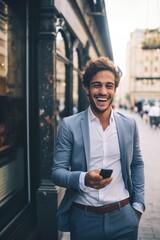 Handsome young businessman is using mobile phone and smiling while walking outdoors. generative AI