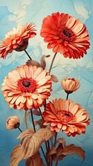 Gerbera flower illustration. Floral vintage greeting card background. Generative AI